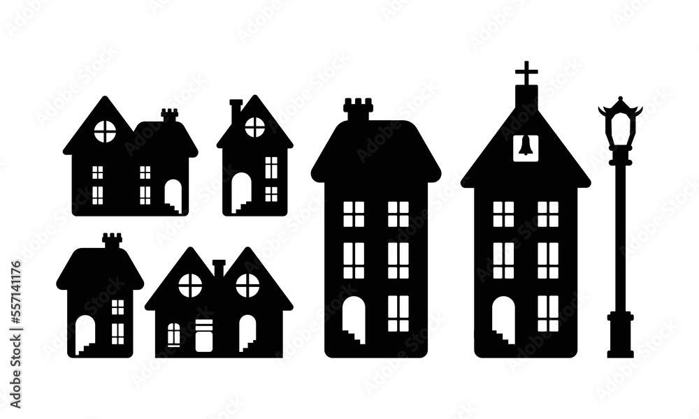 Fototapeta premium House silhouette vector illustration set bundle apartment, real estate, church editable