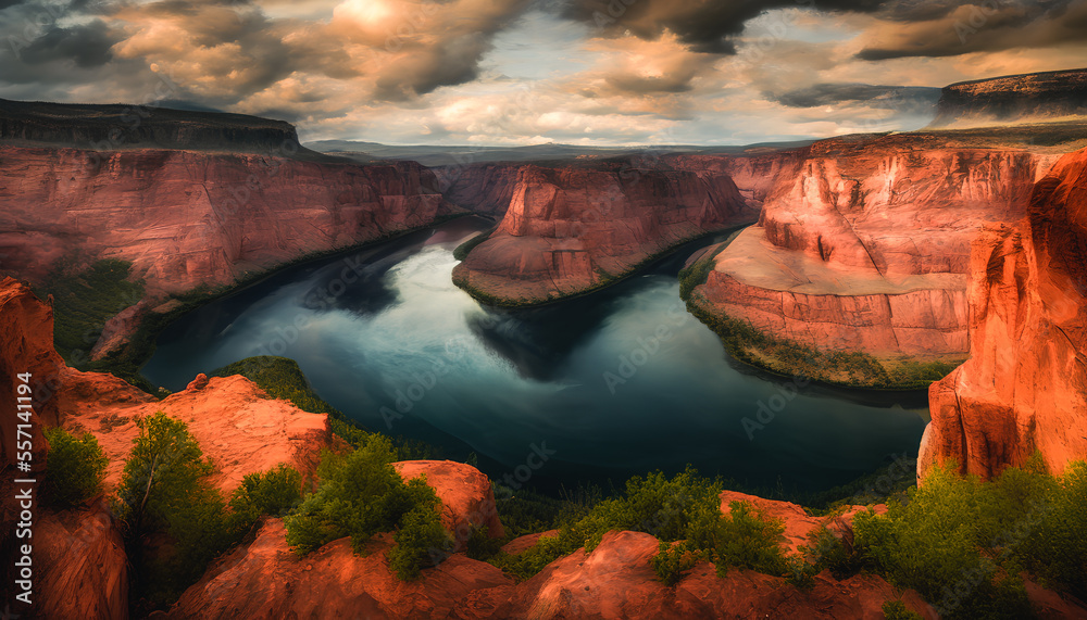 This painting showcases the majestic beauty of the Colorado River as it winds through a stunning canyon landscape.. Generative AI