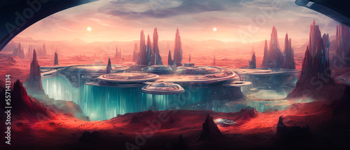 Leinwand Poster space colony on the planet Mars, showcasing the artist's futuristic vision and attention to detail