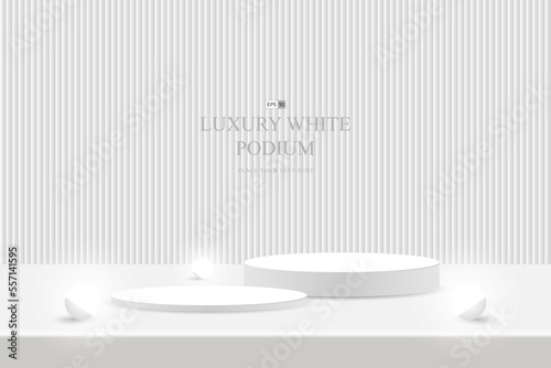Minimal scene with podium and abstract background. Luxury white realistic 3d cylinder pedestal podium and illuminate balls neon lamp. Abstract vector rendering for product display presentation.
