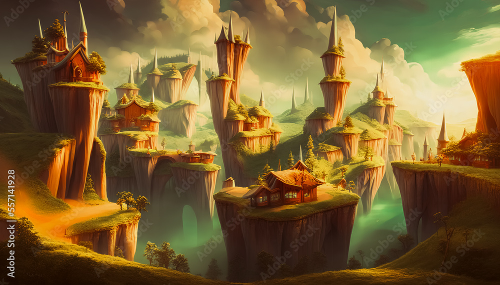 This fantasy-style painting depicts a village suspended on cliffs, with otherworldly landscapes and creatures in the background. Generative AI