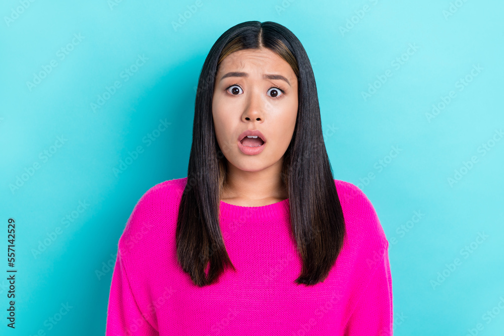 Photo portrait of young excited nervous panic vietnamese lady open mouth scared problems forgot deadline homework isolated on cyan color background