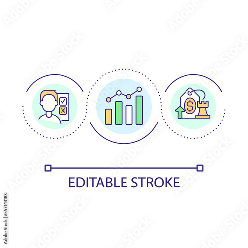 Pricing strategy loop concept icon. Commercial analytics. Business survey. Increasing price abstract idea thin line illustration. Isolated outline drawing. Editable stroke. Arial font used