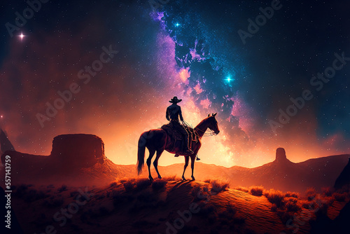 Western Cowboy riding his horse at night under the milky way galaxy. Generative AI