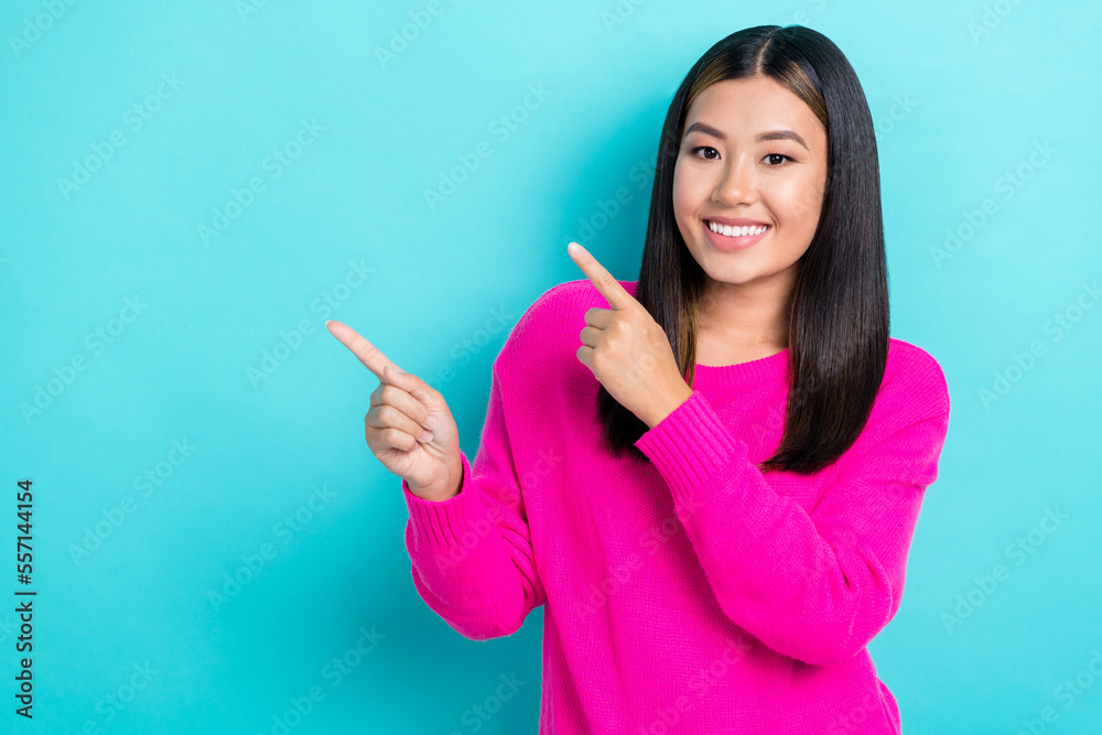 Portrait photo of adorable brunette hair japanese lady wear trendy outfit direct fingers hm clothes brand promo isolated on blue color background