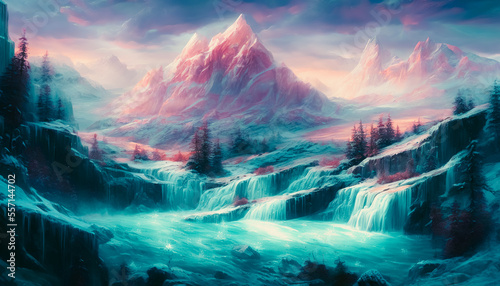 A stunning painting of a frozen waterfall in a snowy mountain range. The image captures the icy beauty of winter and conveys a sense of solitude. Generative AI © 4K_Heaven