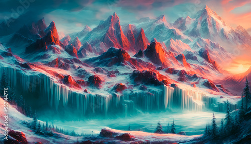 A stunning painting of a frozen waterfall in a snowy mountain range. The image captures the icy beauty of winter and conveys a sense of solitude. Generative AI