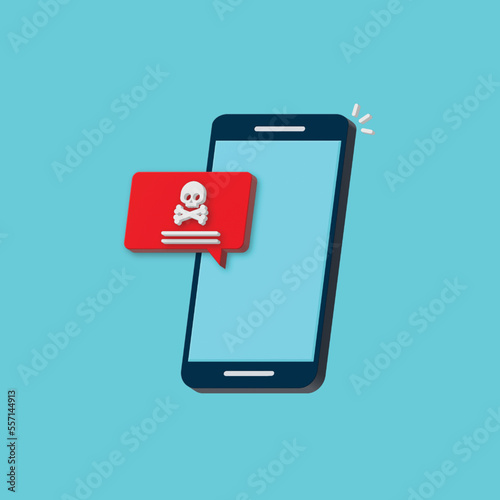 Malware , virus attack warning alert online on mobile cell phone, internet security threat. 3d vector illustration