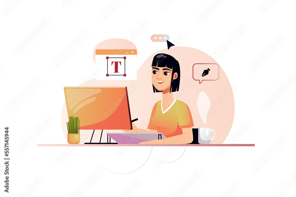 Designer orange concept with people scene i the flat cartoon style. Designer is working on creating a new website design. Designer orange concept with people scene i the flat cartoon style. Designer is working on creating a new website design.