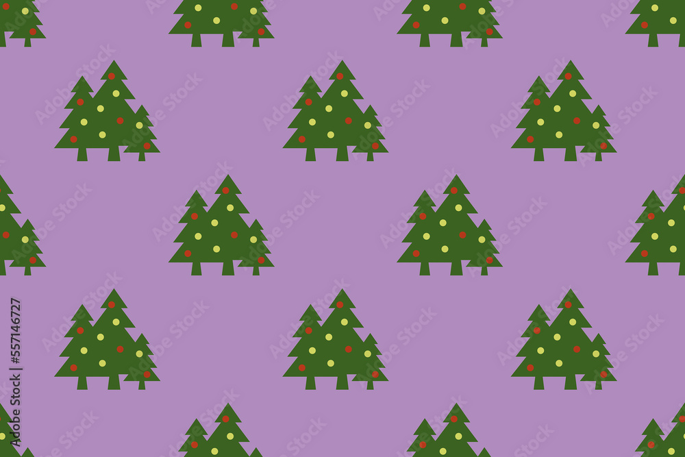 Seamless pattern. Image of green Christmas trees with balls on purple purple background. Symbol of New Year and Christmas. template for overlaying on surface. Horizontal image. 3d image. 3d rendering Seamless pattern. Image of green Christmas trees with balls on purple purple background. Symbol of New Year and Christmas. template for overlaying on surface. Horizontal image. 3d image. 3d rendering