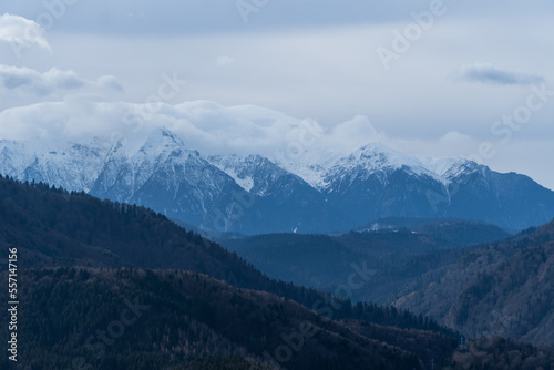 mountains and clouds, viewpoint from Piatra Mare Mountains to Bucegi Mountains, Romania