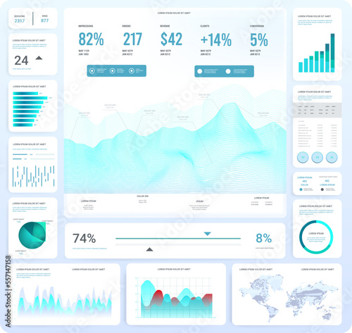 Admin dashboard design for website. Business, analytics and big data infographic template. Vector flat illustration. User panel design.