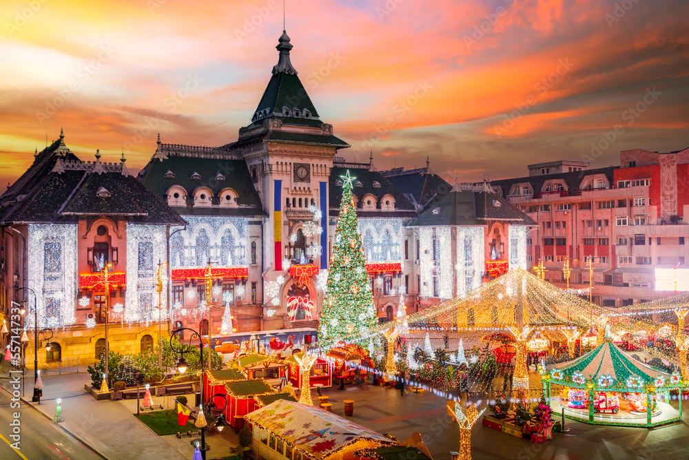 Craiova, Romania. Christmas Market in historical Oltenia, Romania travel background.