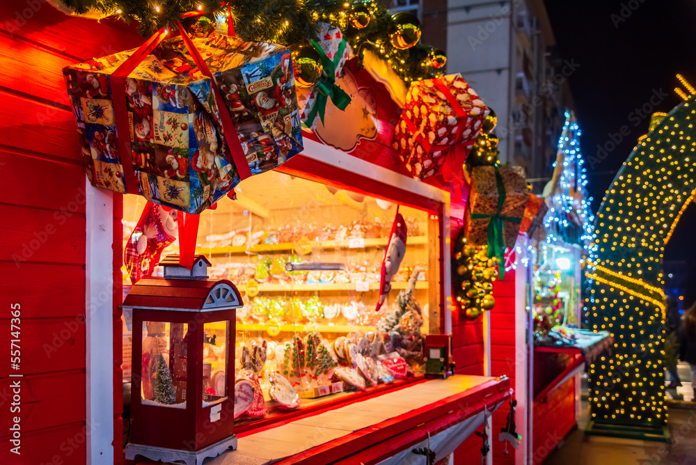 Craiova, Romania. Beautiful Christmas Market in historical Oltenia, romanian travel background.