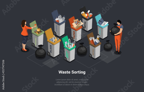 Zero Waste, Recycling Garbage. People Collecting, Sorting Garbage, Collecting Bio, Paper, Plastic, Metal, Electronic Waste, Glass Trash into Recycling Garbage Bin. Isometric 3d Vector Illustration