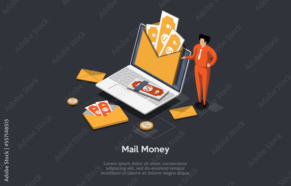 Concept OF Transfer Money Online, Internet Banking All Over the World. Character Make Mail Money Transfer, Send and Receive Money Wireless Using Computer. Isometric 3D Cartoon Vector Illustration Concept OF Transfer Money Online, Internet Banking All Over the World. Character Make Mail Money Transfer, Send and Receive Money Wireless Using Computer. Isometric 3D Cartoon Vector Illustration
