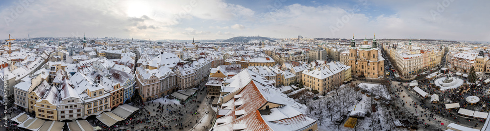 Prague - panoramic view of the snowy roofs in the city center - Old Town