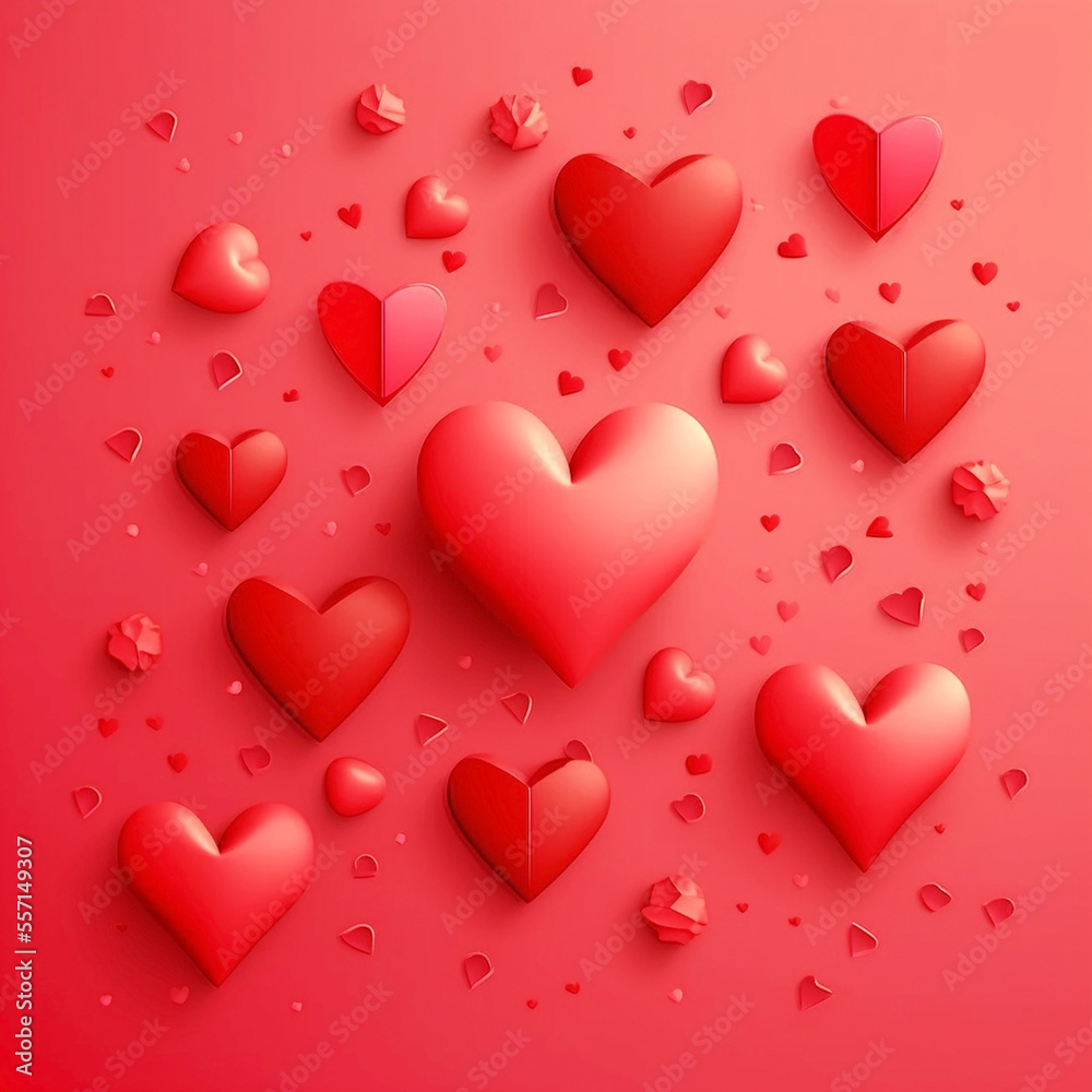 Lots of voluminous decorative hearts on  red background.  Generative AI, generative artificial intelligence