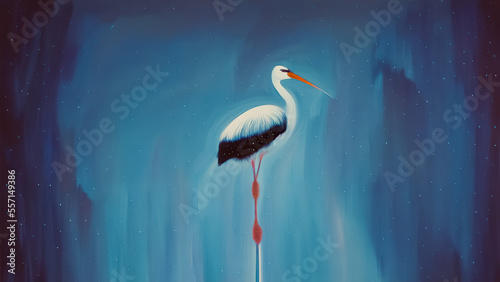 This abstract painting captures the beauty and majesty of a stork, with bold strokes and vibrant colors that draw the viewer in. Generative AI