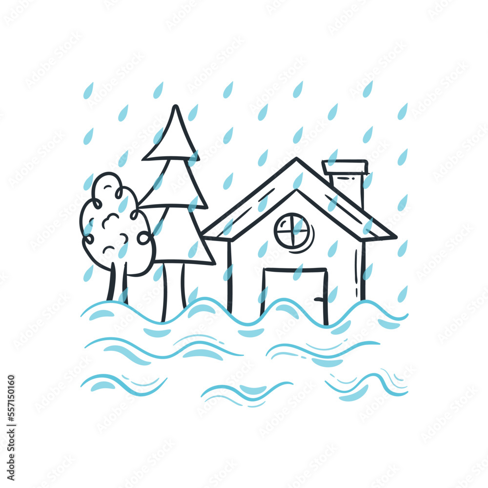 Heavy rain natural disaster icon doodle drawing style. Flood building water damage line illustration