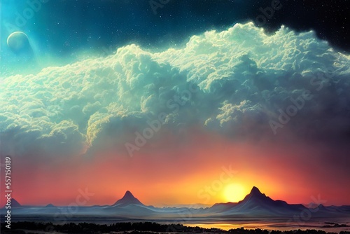 Beauty sunset on the landscape with clouds reaching the space desing illustration