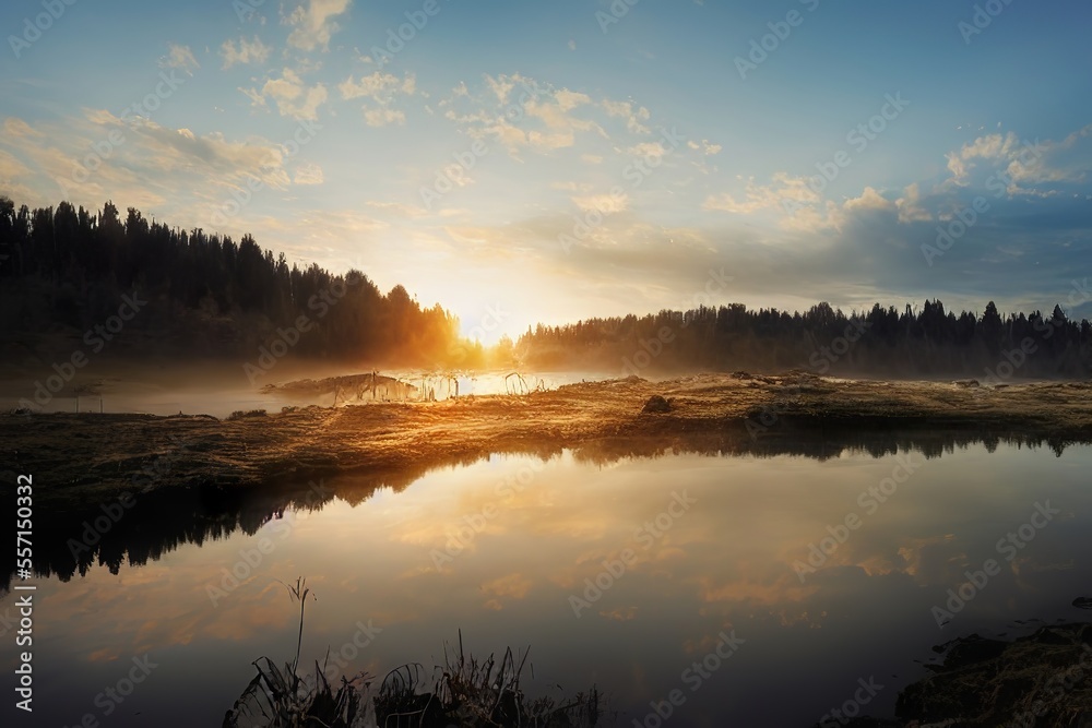 Fototapeta premium Photorealistic styled sunset in the forest nature and lake desing illustration