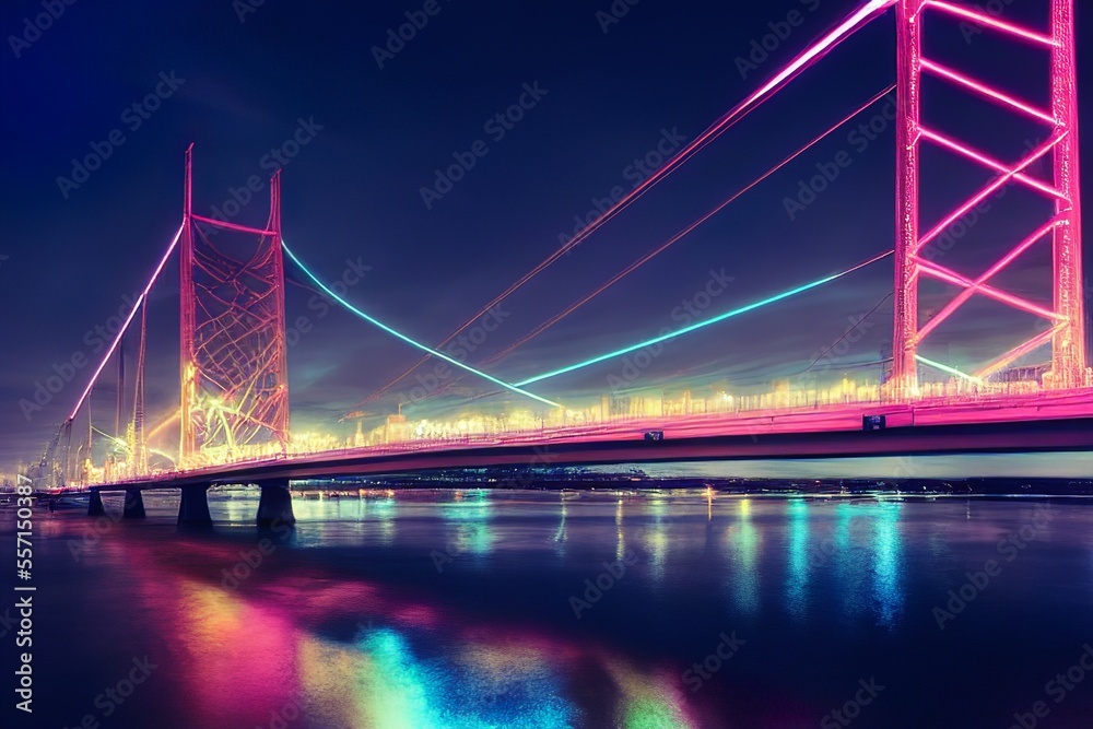Colorfull bridge across the river at night time with bright colourfull lights desing illustration