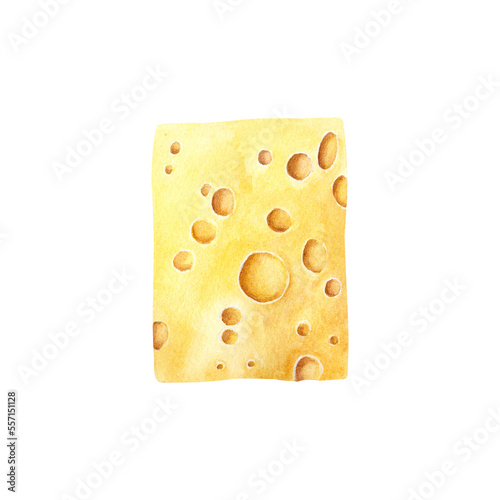 Yellow hard cheese block, piece with holes. Watercolor illustration isolated on white background photo