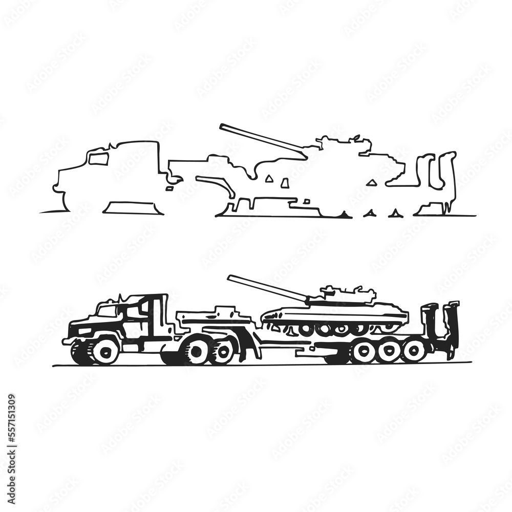 Fototapeta premium MZKT tank carrier hand graphic drawing. Military weapons
