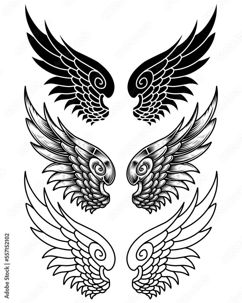 vector set of wings or angel wings tribal tattoo vintage outline and line art vector set of wings or angel wings tribal tattoo vintage outline and line art