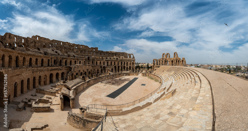 Amphitheatre of El Jem in Tunisia. Amphitheatre is in the modern-day city of El Djem, Tunisia, formerly Thysdrus in the Roman province of Africa