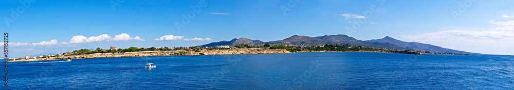 View from the sea to the island of Aegina in October