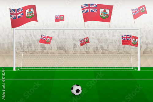 Bermuda football team fans with flags of Bermuda cheering on stadium, penalty kick concept in a soccer match.