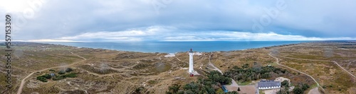 Fotografie, Obraz Drone panorama of lighthouse at Lyngvik beach in Denmark during the day