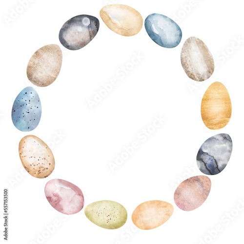 Easter frame with colorful decorated easter eggs clipart. Hand-painted watercolor illustration