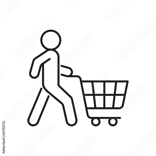 Person with shopping cart to shop, purchase on sale, line icon. Shopper, delivery sign. Vector outline illustration