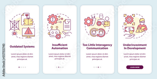 Tech challenges in public health system onboarding mobile app screen.Walkthrough 4 steps editable graphic instructions with linear concepts. UI, UX, GUI template. Myriad Pro-Bold, Regular fonts used