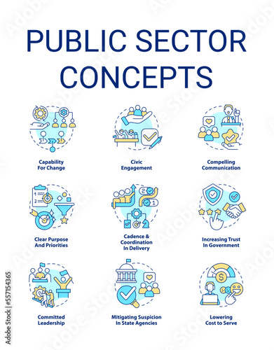Public sector concept icons set. Governmental services and enterprises. idea thin line color illustrations. Isolated symbols. Editable stroke. Roboto-Medium, Myriad Pro-Bold fonts used