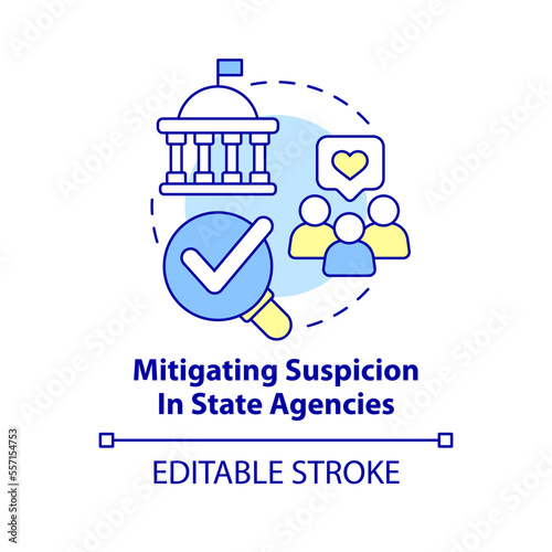 Mitigating suspicion in state agencies concept icon. Public service delivery change abstract idea thin line illustration. Isolated outline drawing. Editable stroke. Arial, Myriad Pro-Bold fonts used