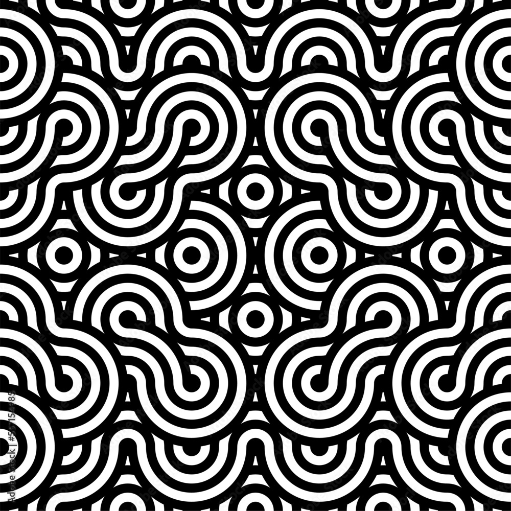 Vector abstract seamless pattern.Modern geometric background.Repeated monochrome pattern with concentric circles background ornament of striped concentric circles.Monochrome background with diagonal.