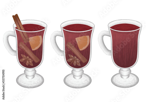 Hot red wine illustration with seasoning. Tasty wine in the glass, vector art.