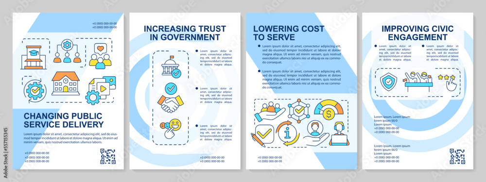 Changing public service delivery blue brochure template. Leaflet design with linear icons. Editable 4 vector layouts for presentation, annual reports. Arial-Black, Myriad Pro-Regular fonts used
