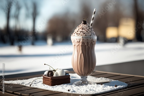 Canvas-taulu illustration of ice freezing glass of chocolate milkshake with whip cream toppin