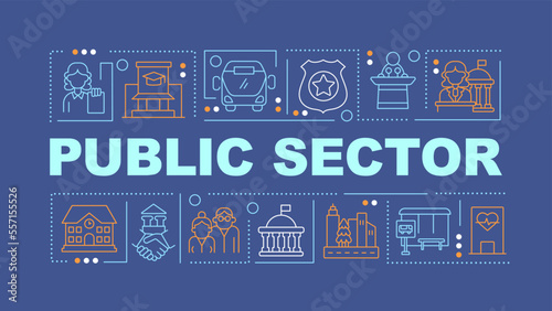Public sector word concepts dark blue banner. Services and enterprises. Infographics with editable icons on color background. Isolated typography. Vector illustration with text. Arial-Black font used