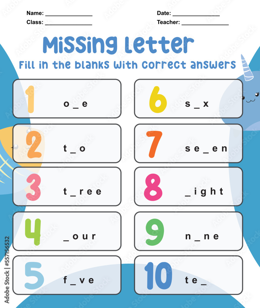 Missing letter worksheet. Complete the letter for number in English ...