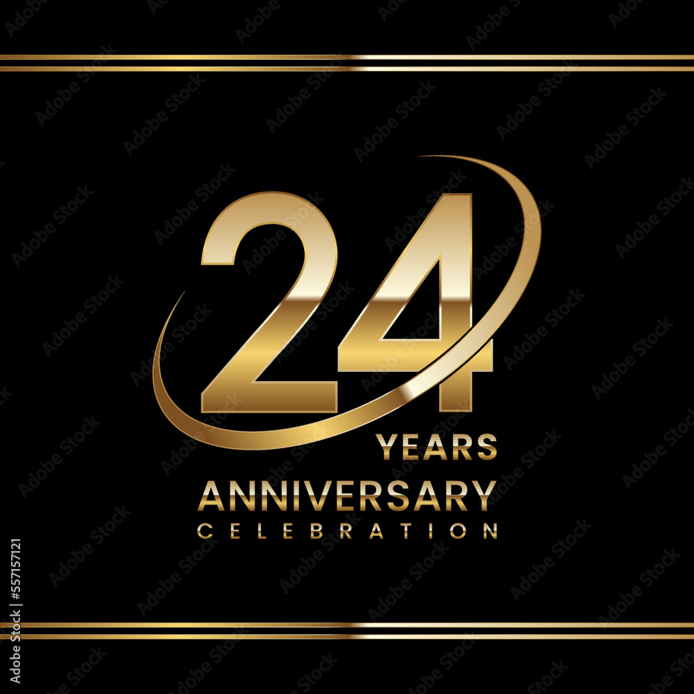 24th Anniversary logo design with golden ring. Logo Vector Illustration