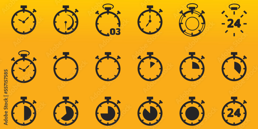 Timer and clock icon set. Time symbol flat icon. Stopwatch, timer, hourglass, clock. Fast time icon. Timer and clock icon set. Time symbol flat icon. Stopwatch, timer, hourglass, clock. Fast time icon.