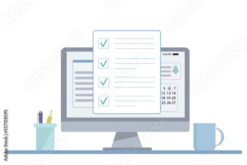 Vector illustration with computer and invoice letter notification. Office or work from home concept. 