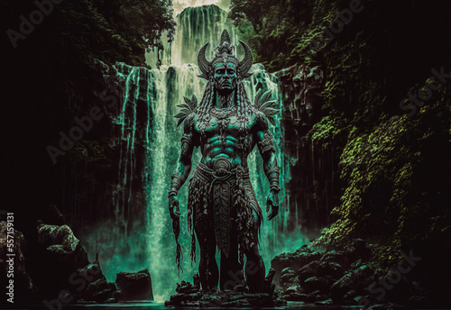 Giant aztec or maya statue guardian next to water in a tropical rainforest environment landscape