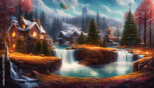 Majestic painting of a fantastical village in a frozen land. Generative AI